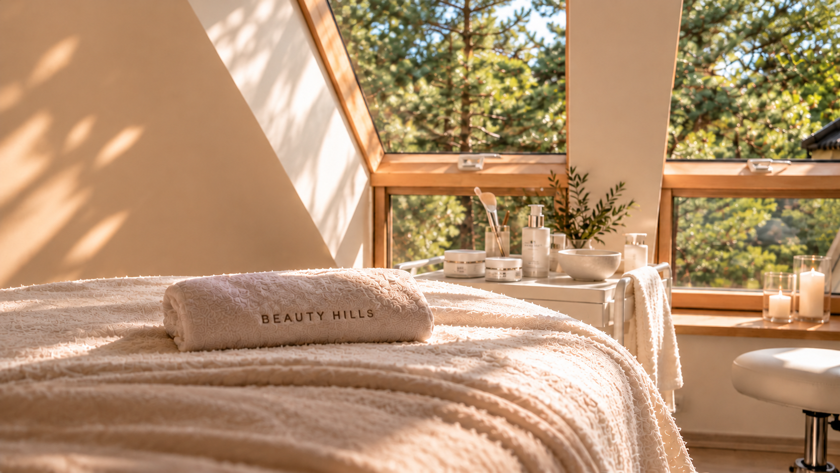 Jasny gabinet Beauty Hills z jednym łóżkiem i widokiem na las