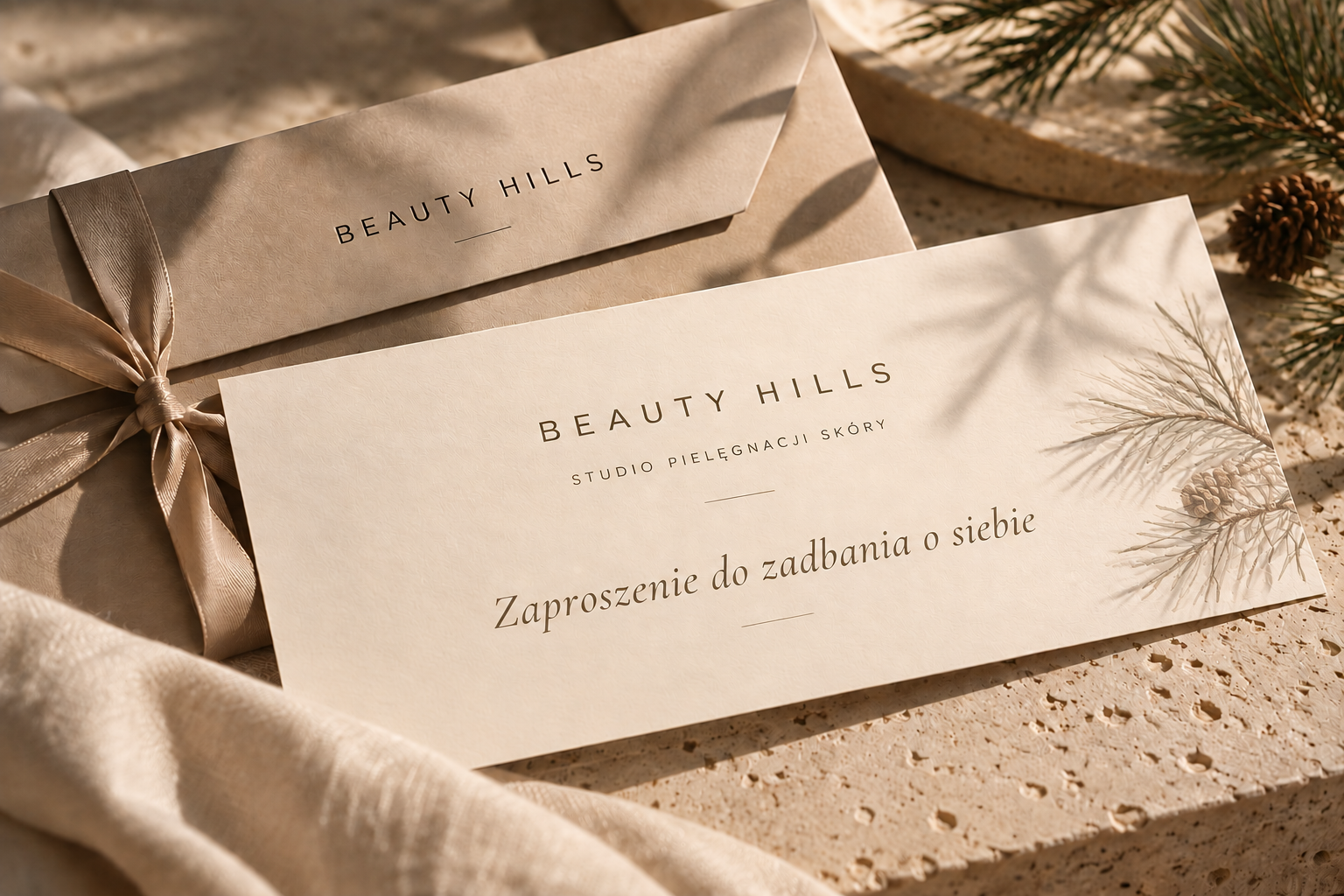 Voucher prezentowy Beauty Hills z elegancką kopertą na jasnym kamieniu